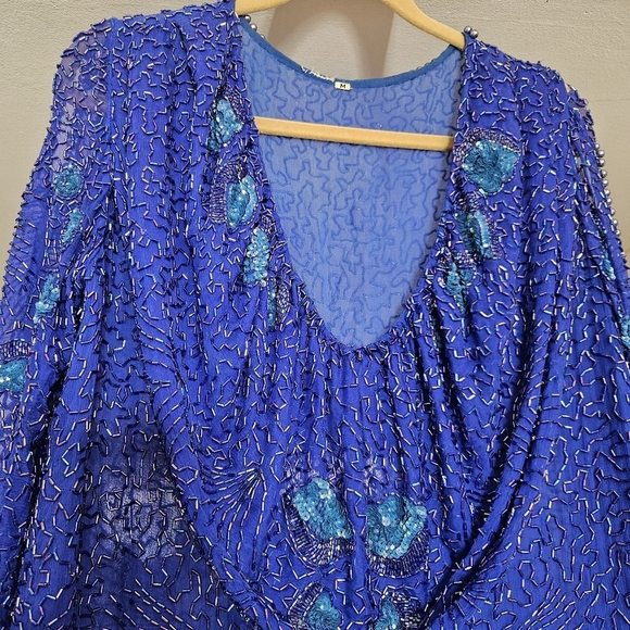 Vintage Royal Blue Beaded Sequin Dress Handkerchief Hem Evening Gown Medium - Picture 6 of 7